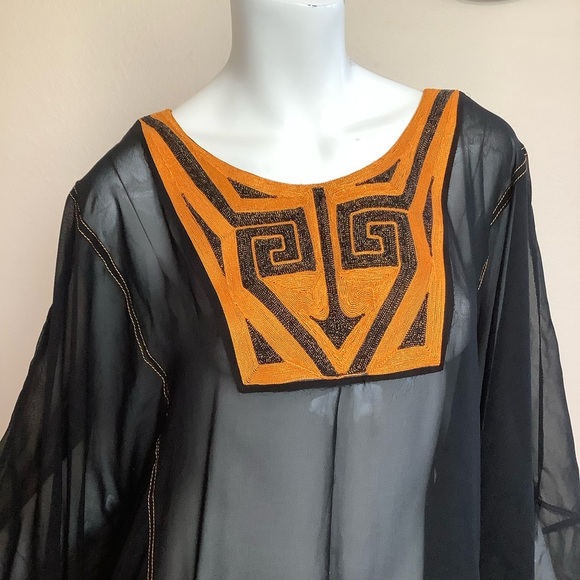 African Black and Orange Kaftan Sheer Dress - Picture 9 of 12